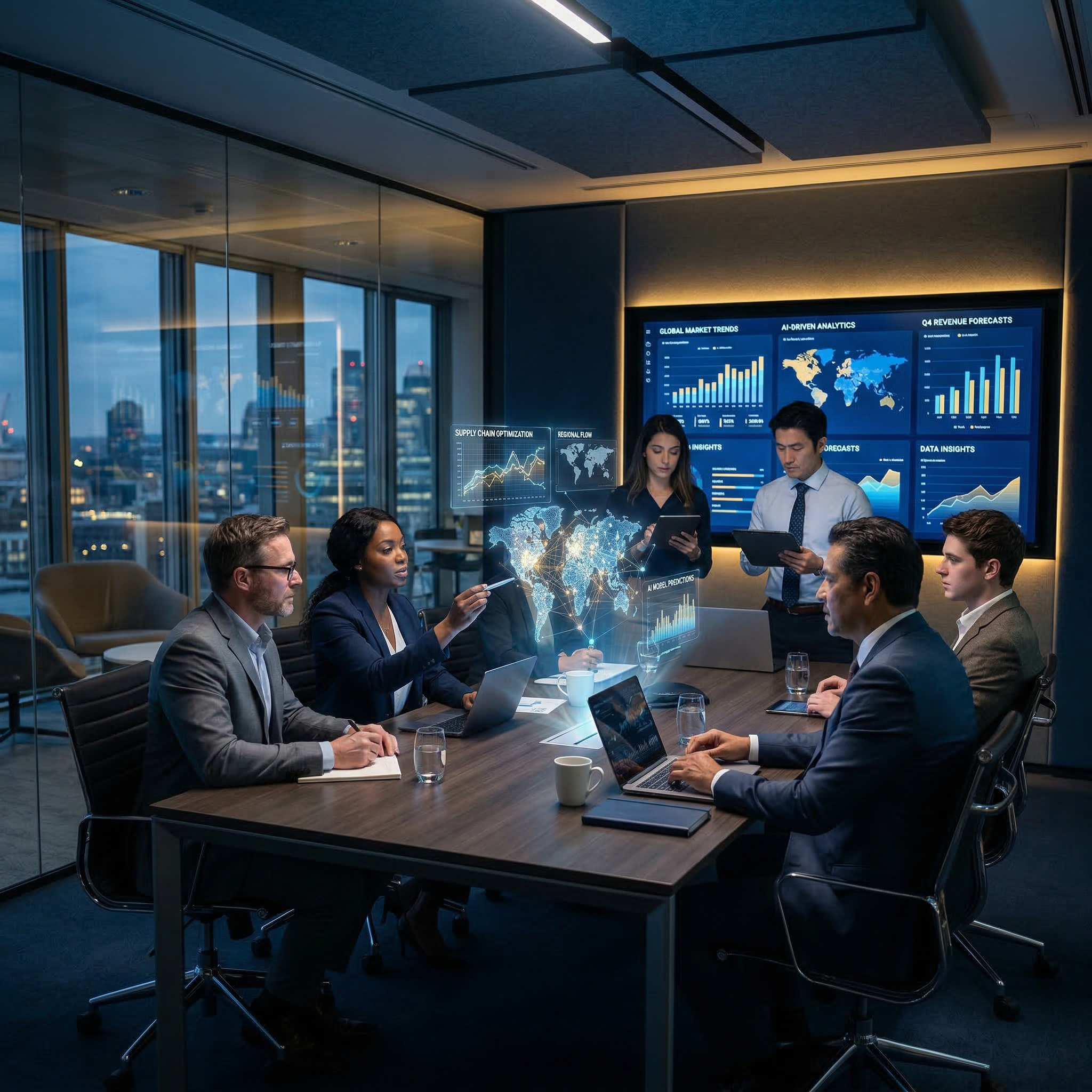 Aspire AI consultants reviewing AI analytics and data visualizations in a modern boardroom
